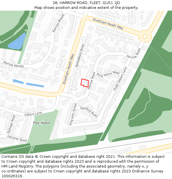 28, HARROW ROAD, FLEET, GU51 1JD: Location map and indicative extent of plot