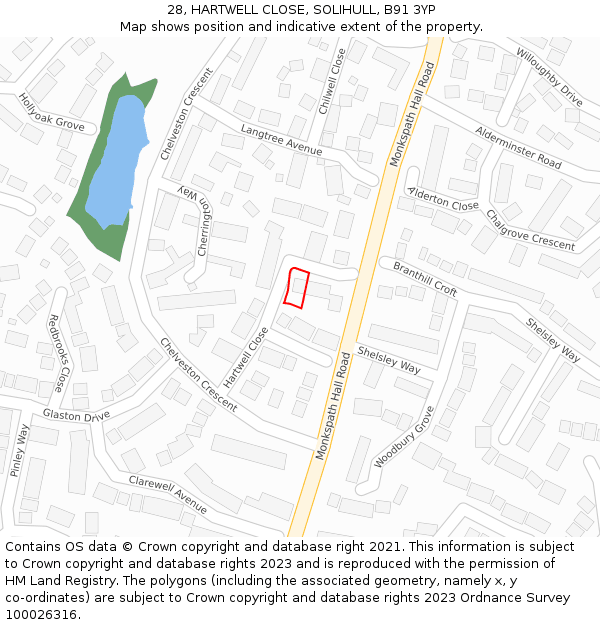 28, HARTWELL CLOSE, SOLIHULL, B91 3YP: Location map and indicative extent of plot