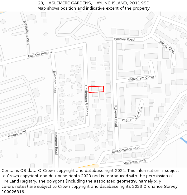 28, HASLEMERE GARDENS, HAYLING ISLAND, PO11 9SD: Location map and indicative extent of plot