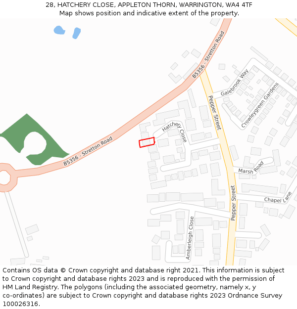 28, HATCHERY CLOSE, APPLETON THORN, WARRINGTON, WA4 4TF: Location map and indicative extent of plot