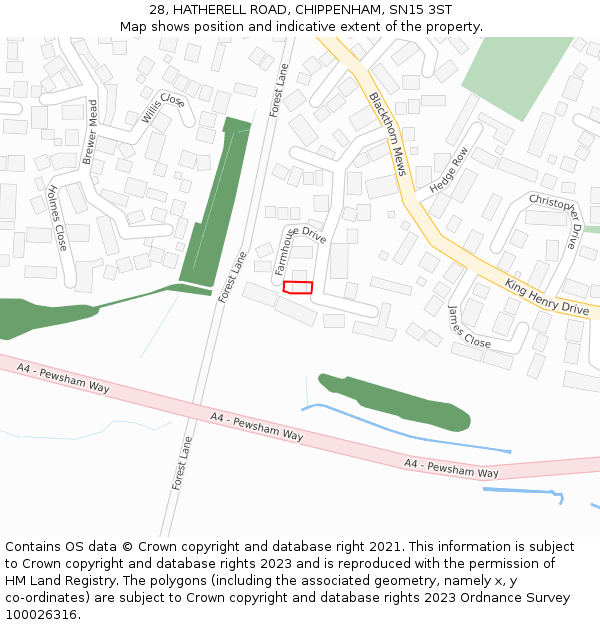 28, HATHERELL ROAD, CHIPPENHAM, SN15 3ST: Location map and indicative extent of plot