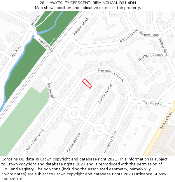 28, HAWKESLEY CRESCENT, BIRMINGHAM, B31 4DN: Location map and indicative extent of plot