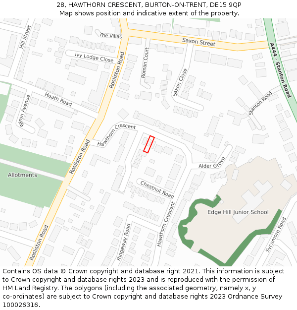 28, HAWTHORN CRESCENT, BURTON-ON-TRENT, DE15 9QP: Location map and indicative extent of plot