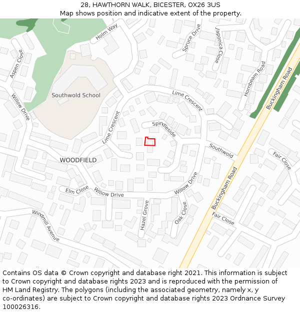 28, HAWTHORN WALK, BICESTER, OX26 3US: Location map and indicative extent of plot