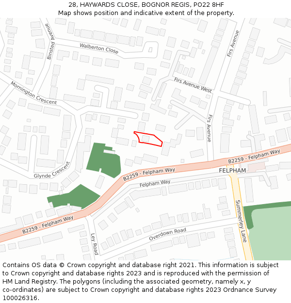 28, HAYWARDS CLOSE, BOGNOR REGIS, PO22 8HF: Location map and indicative extent of plot