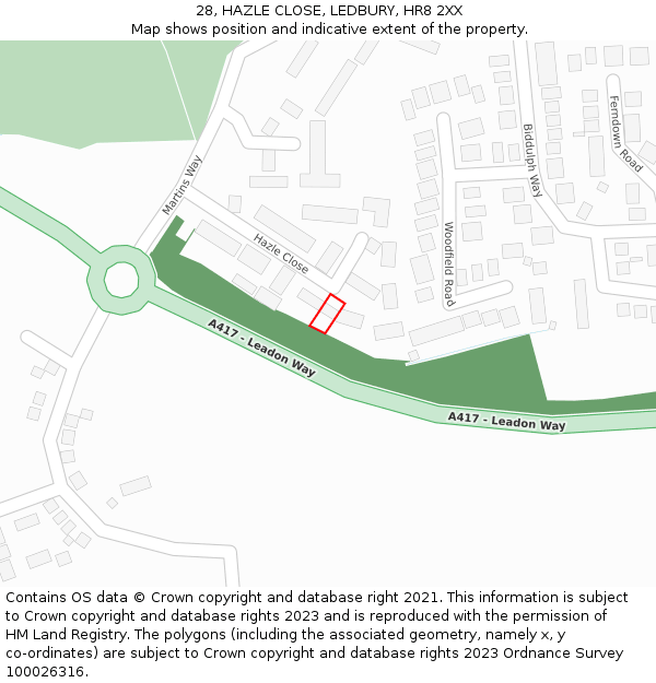 28, HAZLE CLOSE, LEDBURY, HR8 2XX: Location map and indicative extent of plot