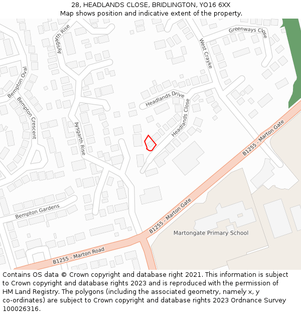 28, HEADLANDS CLOSE, BRIDLINGTON, YO16 6XX: Location map and indicative extent of plot