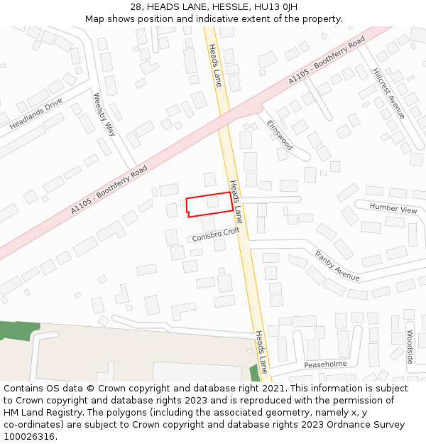 28, HEADS LANE, HESSLE, HU13 0JH: Location map and indicative extent of plot