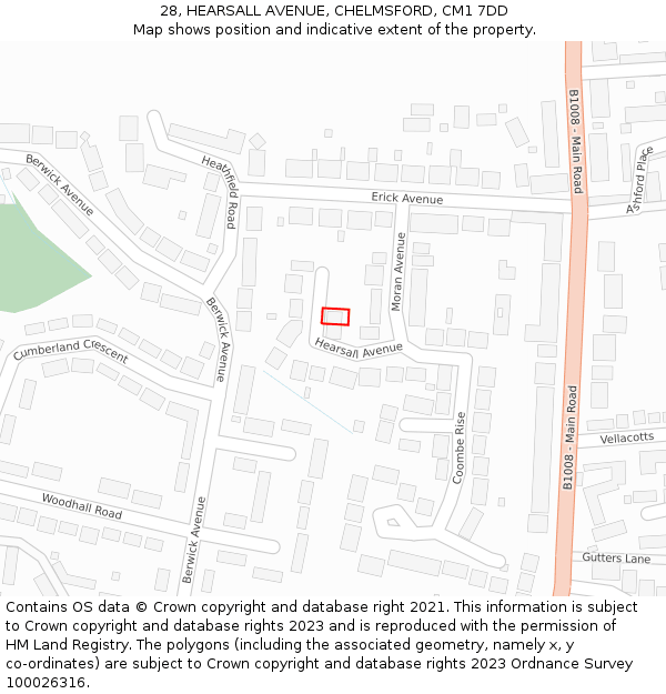 28, HEARSALL AVENUE, CHELMSFORD, CM1 7DD: Location map and indicative extent of plot