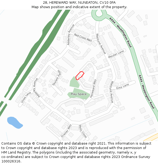 28, HEREWARD WAY, NUNEATON, CV10 0FA: Location map and indicative extent of plot