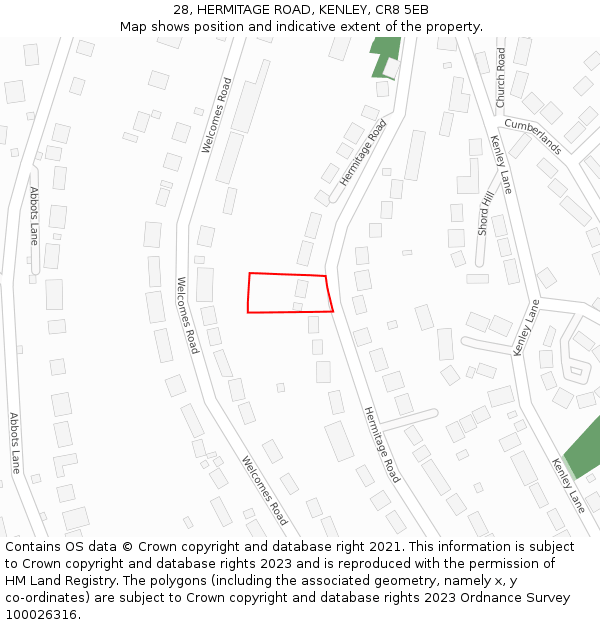28, HERMITAGE ROAD, KENLEY, CR8 5EB: Location map and indicative extent of plot