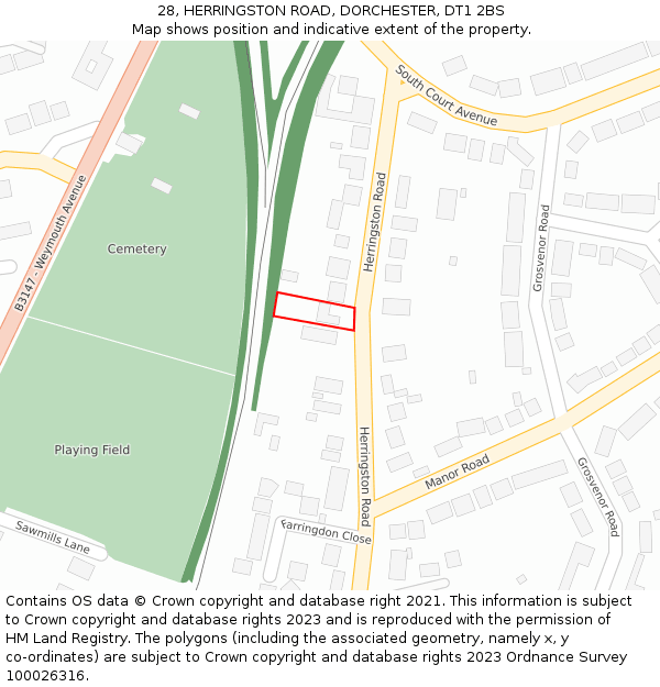 28, HERRINGSTON ROAD, DORCHESTER, DT1 2BS: Location map and indicative extent of plot