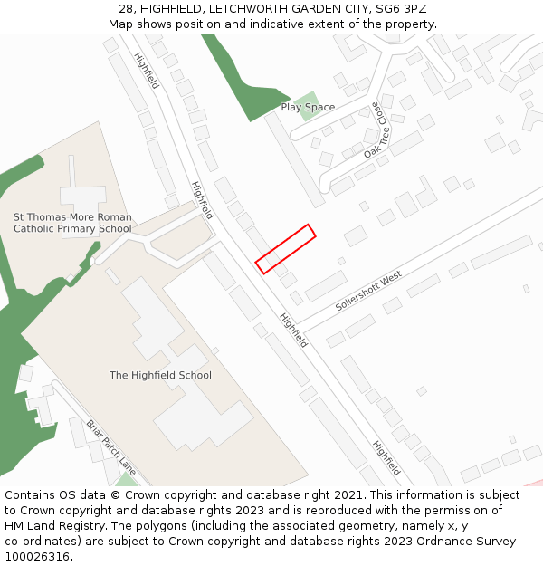 28, HIGHFIELD, LETCHWORTH GARDEN CITY, SG6 3PZ: Location map and indicative extent of plot