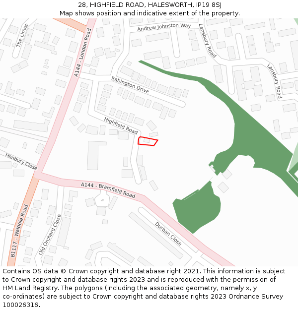 28, HIGHFIELD ROAD, HALESWORTH, IP19 8SJ: Location map and indicative extent of plot