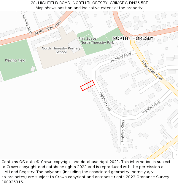 28, HIGHFIELD ROAD, NORTH THORESBY, GRIMSBY, DN36 5RT: Location map and indicative extent of plot