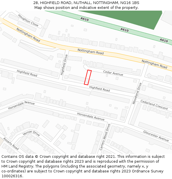 28, HIGHFIELD ROAD, NUTHALL, NOTTINGHAM, NG16 1BS: Location map and indicative extent of plot