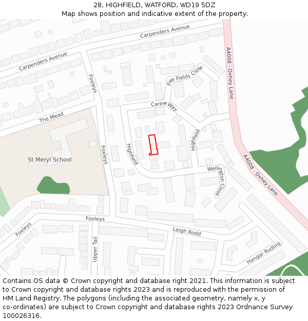 28, HIGHFIELD, WATFORD, WD19 5DZ: Location map and indicative extent of plot