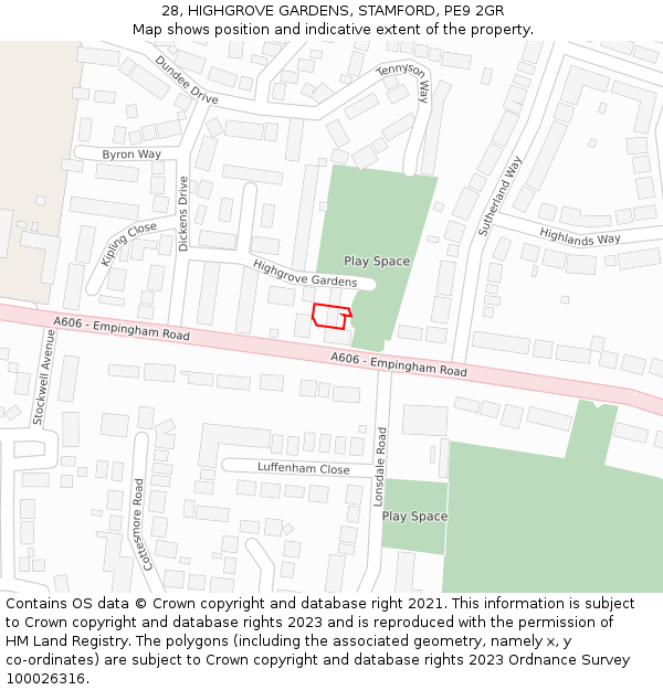 28, HIGHGROVE GARDENS, STAMFORD, PE9 2GR: Location map and indicative extent of plot