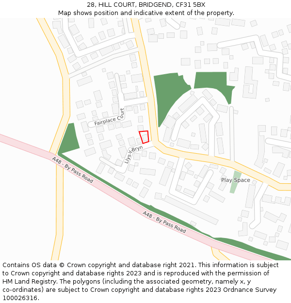 28, HILL COURT, BRIDGEND, CF31 5BX: Location map and indicative extent of plot