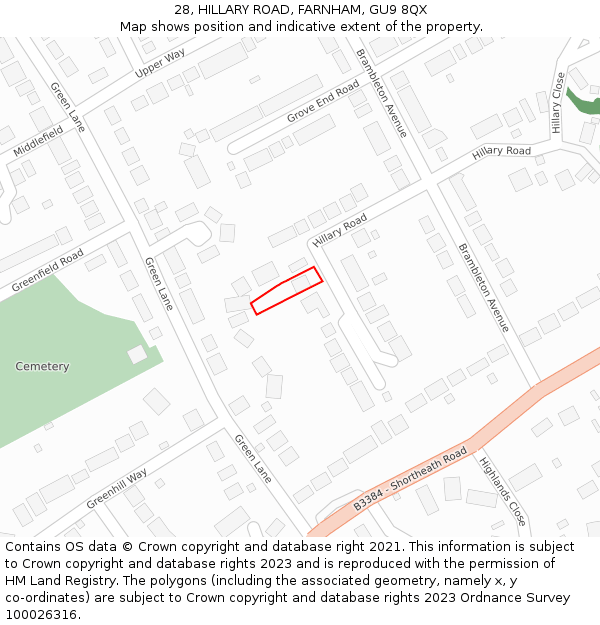 28, HILLARY ROAD, FARNHAM, GU9 8QX: Location map and indicative extent of plot