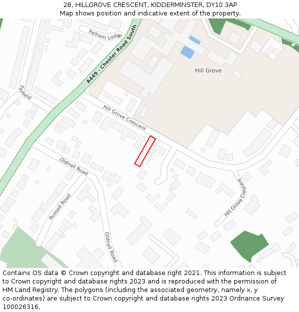 28, HILLGROVE CRESCENT, KIDDERMINSTER, DY10 3AP: Location map and indicative extent of plot