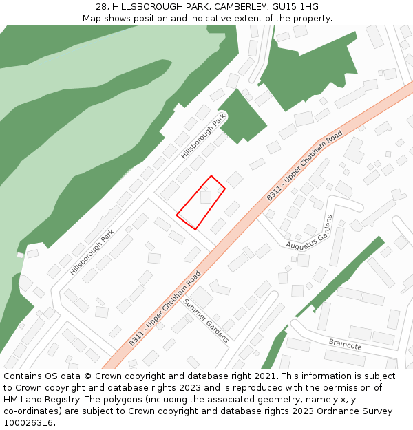 28, HILLSBOROUGH PARK, CAMBERLEY, GU15 1HG: Location map and indicative extent of plot