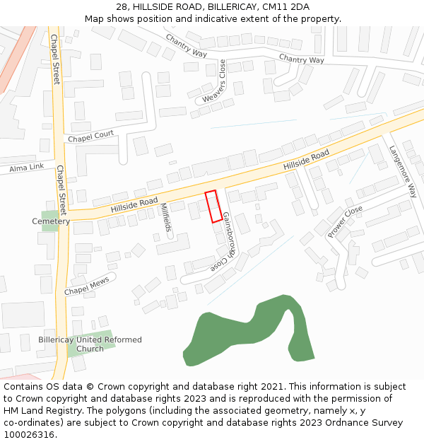 28, HILLSIDE ROAD, BILLERICAY, CM11 2DA: Location map and indicative extent of plot