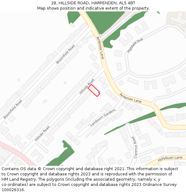 28, HILLSIDE ROAD, HARPENDEN, AL5 4BT: Location map and indicative extent of plot
