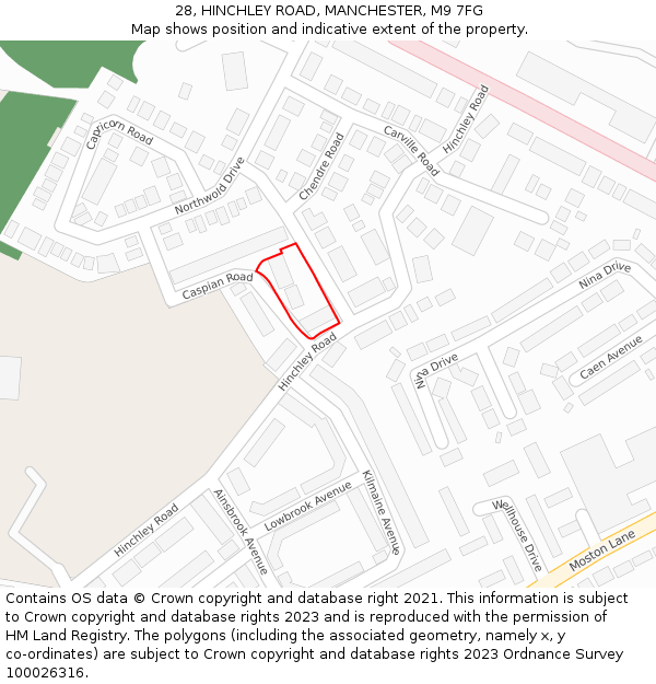 28, HINCHLEY ROAD, MANCHESTER, M9 7FG: Location map and indicative extent of plot