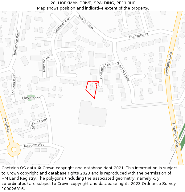 28, HOEKMAN DRIVE, SPALDING, PE11 3HF: Location map and indicative extent of plot