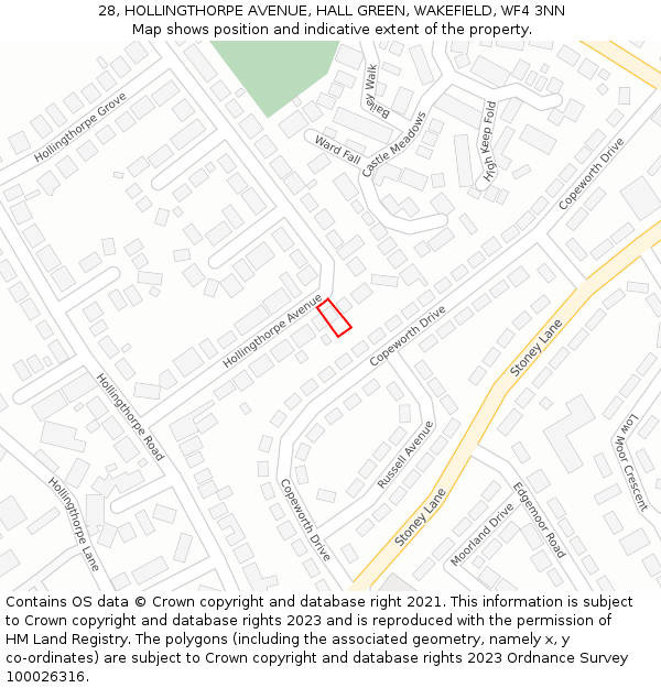 28, HOLLINGTHORPE AVENUE, HALL GREEN, WAKEFIELD, WF4 3NN: Location map and indicative extent of plot
