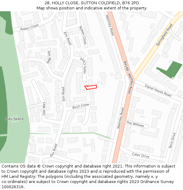28, HOLLY CLOSE, SUTTON COLDFIELD, B76 2PD: Location map and indicative extent of plot