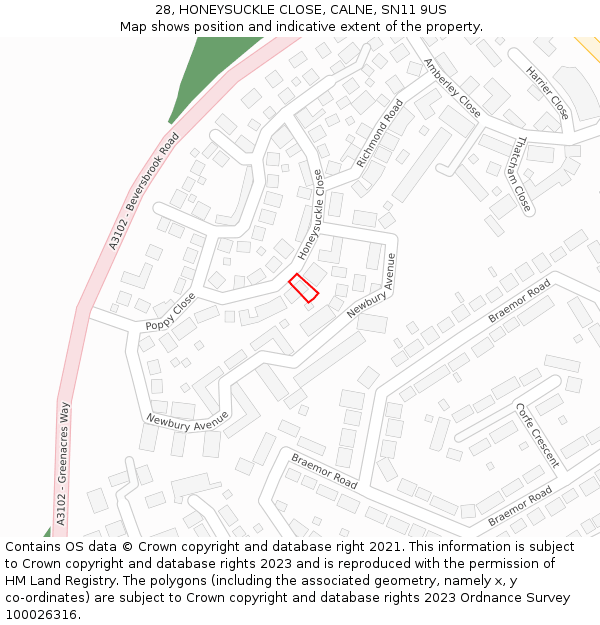 28, HONEYSUCKLE CLOSE, CALNE, SN11 9US: Location map and indicative extent of plot