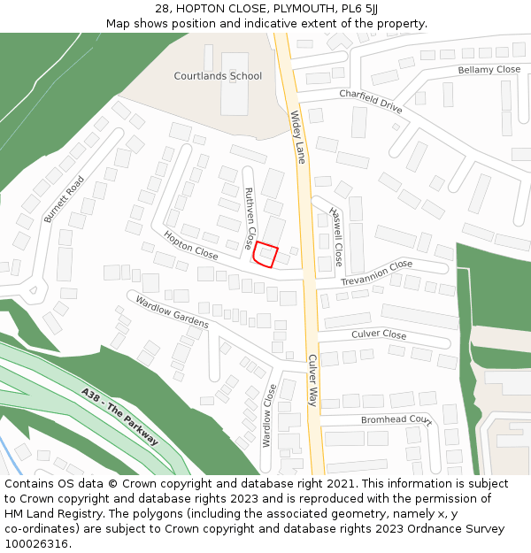 28, HOPTON CLOSE, PLYMOUTH, PL6 5JJ: Location map and indicative extent of plot