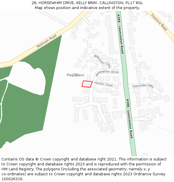 28, HORSEWHIM DRIVE, KELLY BRAY, CALLINGTON, PL17 8GL: Location map and indicative extent of plot