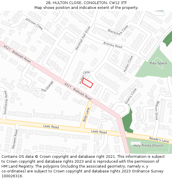 28, HULTON CLOSE, CONGLETON, CW12 3TF: Location map and indicative extent of plot