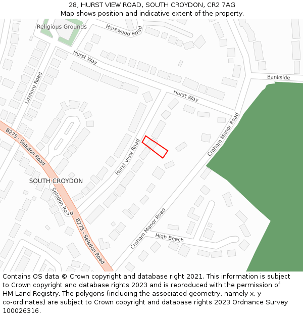28, HURST VIEW ROAD, SOUTH CROYDON, CR2 7AG: Location map and indicative extent of plot