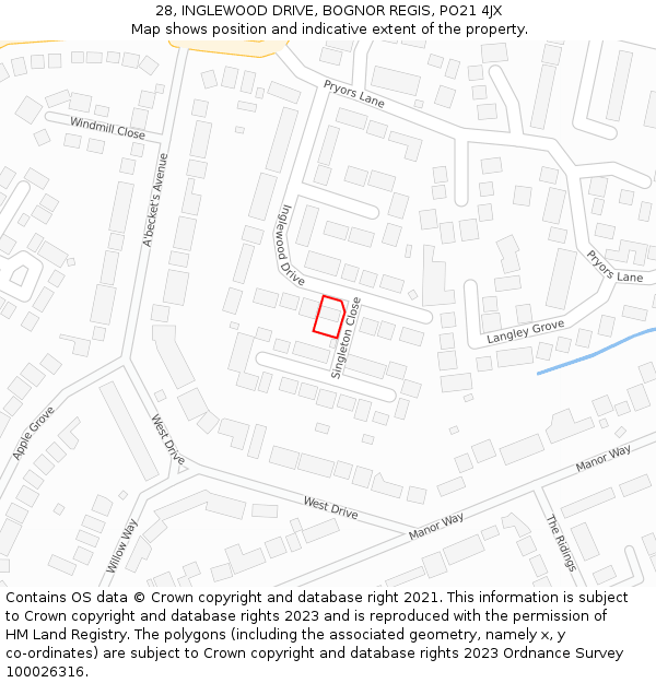 28, INGLEWOOD DRIVE, BOGNOR REGIS, PO21 4JX: Location map and indicative extent of plot