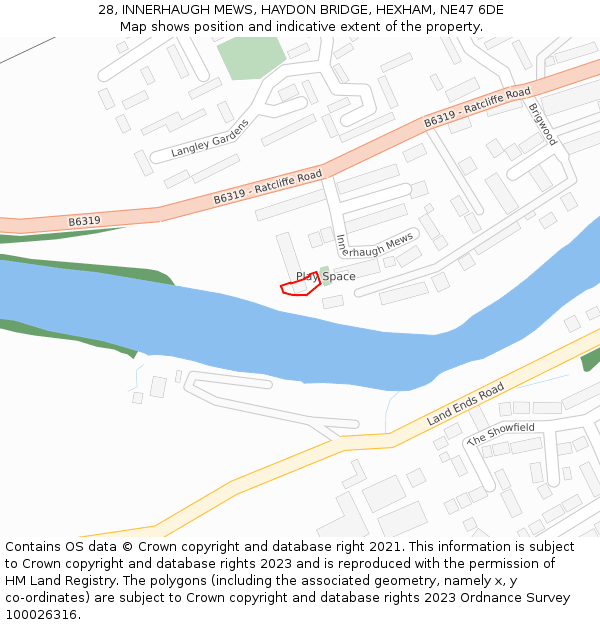 28, INNERHAUGH MEWS, HAYDON BRIDGE, HEXHAM, NE47 6DE: Location map and indicative extent of plot