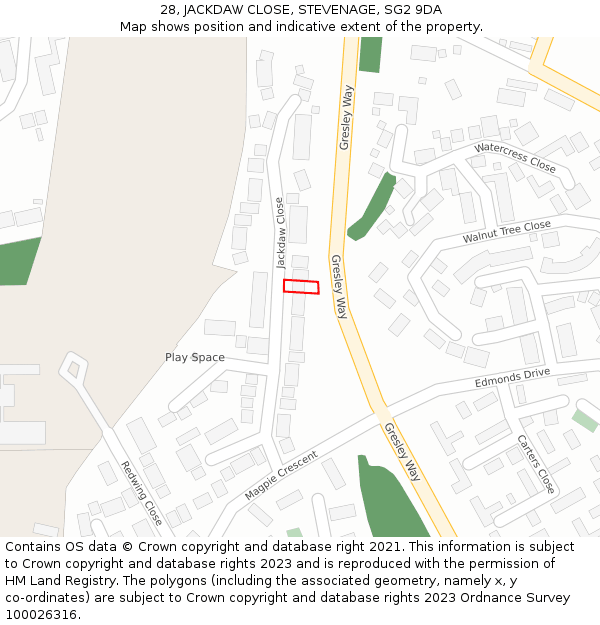 28, JACKDAW CLOSE, STEVENAGE, SG2 9DA: Location map and indicative extent of plot