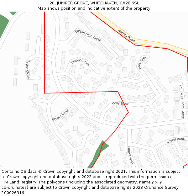 28, JUNIPER GROVE, WHITEHAVEN, CA28 6SL: Location map and indicative extent of plot