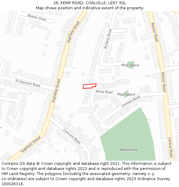 28, KEMP ROAD, COALVILLE, LE67 3QL: Location map and indicative extent of plot