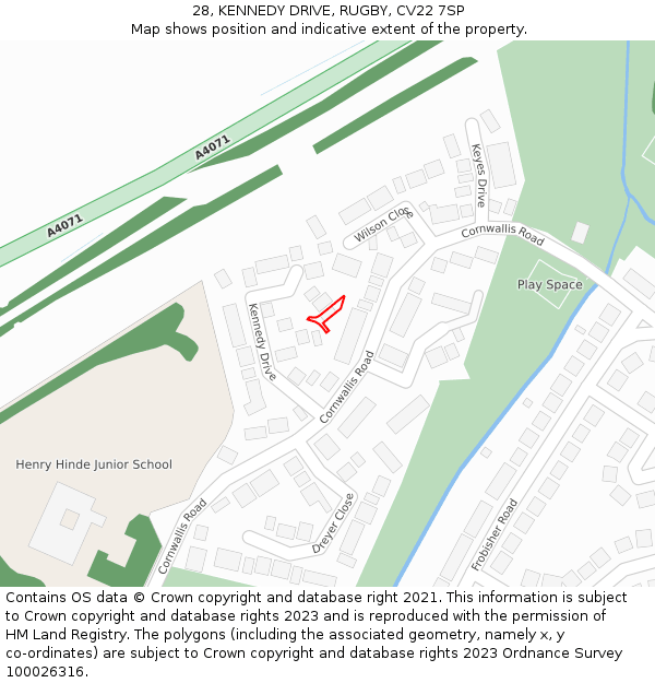 28, KENNEDY DRIVE, RUGBY, CV22 7SP: Location map and indicative extent of plot