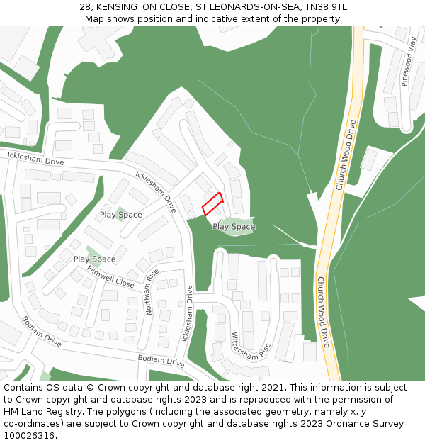 28, KENSINGTON CLOSE, ST LEONARDS-ON-SEA, TN38 9TL: Location map and indicative extent of plot