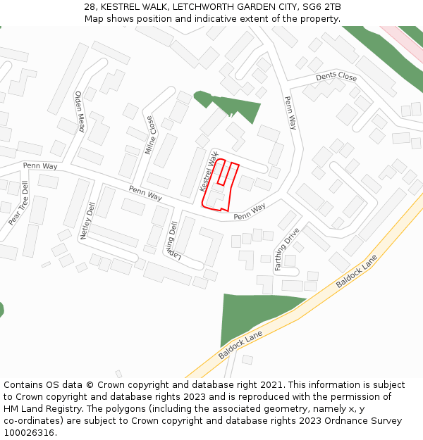 28, KESTREL WALK, LETCHWORTH GARDEN CITY, SG6 2TB: Location map and indicative extent of plot