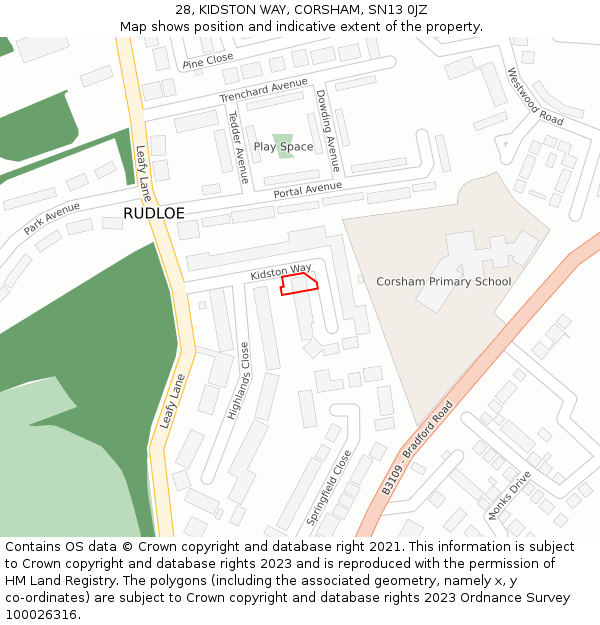 28, KIDSTON WAY, CORSHAM, SN13 0JZ: Location map and indicative extent of plot