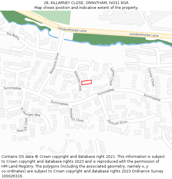 28, KILLARNEY CLOSE, GRANTHAM, NG31 9GA: Location map and indicative extent of plot