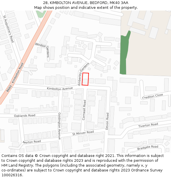 28, KIMBOLTON AVENUE, BEDFORD, MK40 3AA: Location map and indicative extent of plot