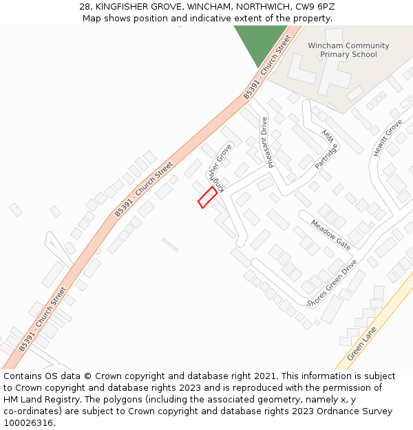 28, KINGFISHER GROVE, WINCHAM, NORTHWICH, CW9 6PZ: Location map and indicative extent of plot