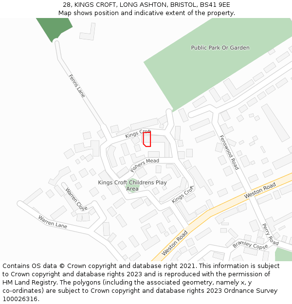 28, KINGS CROFT, LONG ASHTON, BRISTOL, BS41 9EE: Location map and indicative extent of plot